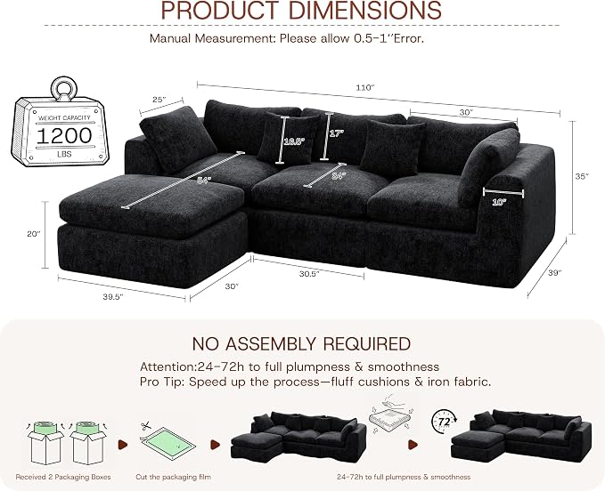 GRUSIGN 110'' Oversized Boneless Cloud Couch for Living Room, Modern Big Sectional Compressed L Shape Couch with Ottoman, Comfy Chenille Deep Seat Memory Foam Spineless 4 Seater Sofa, Black
