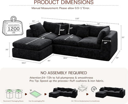 GRUSIGN 110'' Oversized Boneless Cloud Couch for Living Room, Modern Big Sectional Compressed L Shape Couch with Ottoman, Comfy Chenille Deep Seat Memory Foam Spineless 4 Seater Sofa, Black