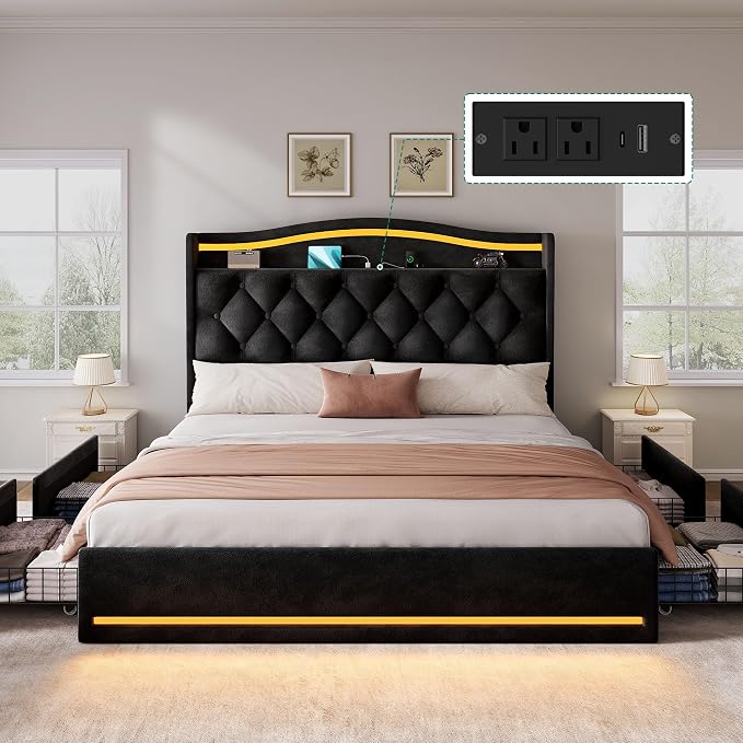 DWVO Queen Size Bed Frame with 4 Storage Drawers and RGB LED Lights, 57'' Tall Headboard Velvet Upholstered Bed with Charging Station, No Box Spring Needed, Easy Assembly, Noise-Free, Black