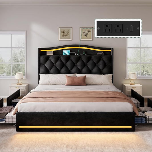 DWVO Queen Size Bed Frame with 4 Storage Drawers and RGB LED Lights, 57'' Tall Headboard Velvet Upholstered Bed with Charging Station, No Box Spring Needed, Easy Assembly, Noise-Free, Black