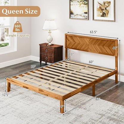 KOMFOTT Queen Acacia Wood Bed Frame with Headboard, Solid Wood Platform Bed Frame, Wooden Slats Supported Bed Base with Under-Bed Storage Space, No Box Spring Needed Mattress Foundation