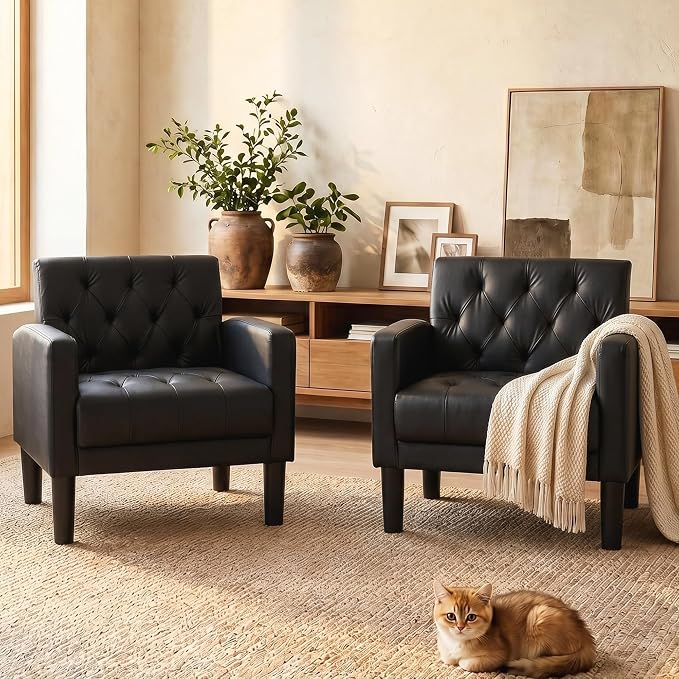 TYBOATLE Leather Chairs Set of 2 Comfy Living Room Chair Black Leather Tufted Mid Century Modern Accent Chair, Small Cozy Reading Arm Chair for Office, Bedroom