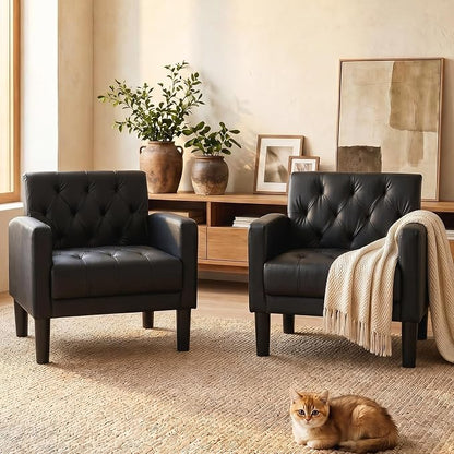 TYBOATLE Leather Chairs Set of 2 Comfy Living Room Chair Black Leather Tufted Mid Century Modern Accent Chair, Small Cozy Reading Arm Chair for Office, Bedroom