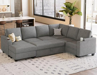 Belffin Sleeper Sofa Modular Sectional Pull Out Couch Bed U Shaped Sofa Couch for Living Room with Storage Chaise. Light Gery