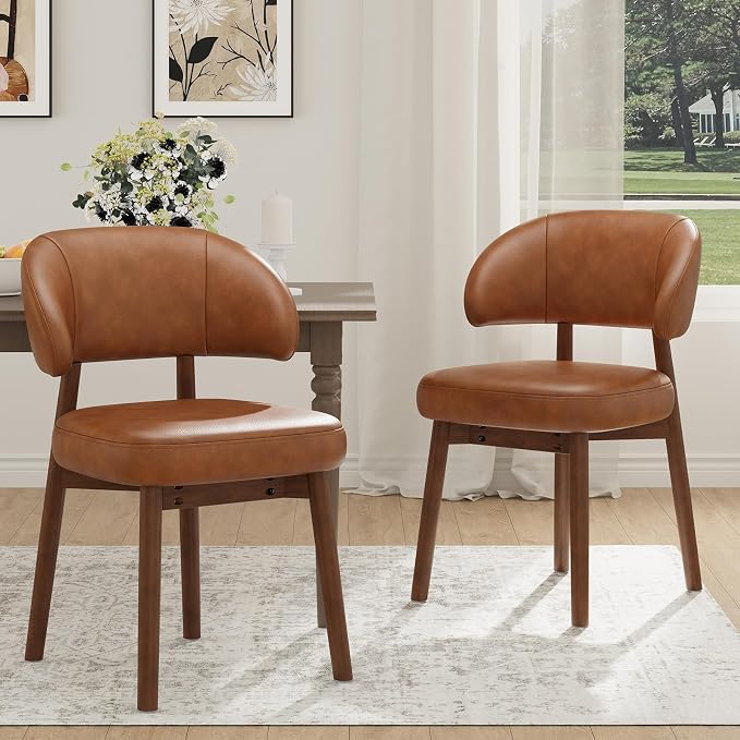 MALOL Wooden Dining Chairs Set of 2, Modern Upholstered Dining Room Chair, PU Leather Kitchen Side Chairs with Curved Open Back for Living Room/Restaurant/Cafe, Brown