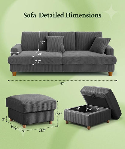 Welzona 87.2" Couches for Living Room, Comfy U Shaped Couch Grey 7.5" Thicker Cushion, Sofas for Living Room Tool-Free Setup, Loveseat with Ottoman 848lbs Support, Corduroy Couch for Bedroom, Office