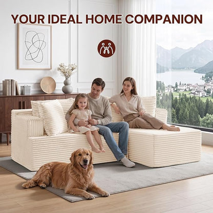 Korser Boneless Couches for Living Room, Cloud Couch Sectional with Ottoman, L-Shaped Sofa with Fluffy Comfy Corduroy Deep Seat, Bedroom, Apartment, No Assembly Required