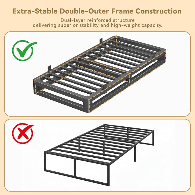 6 Inch Twin Bed Frames with Rounded Corner and Squeak Free U-Slot Design, Metal Platform Bed Frames 6 Non-Slip Guards, 3500lbs Heavy Duty Steel Slat Support, No Box Spring Needed, Black