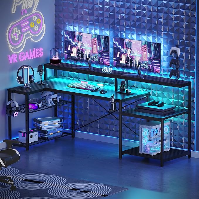 Bestier LED Gaming Desk with Power Outlets, 71 inch L Shaped Computer Desk with Monitor Stand, Large Desk with Printer Stand Adjustable Shelf, Cup Holder & Hooks, Home Office Desk Black | Carbon Fiber Desktop, 20 Static 22 Dynamic RGB Modes, Storage Ra...