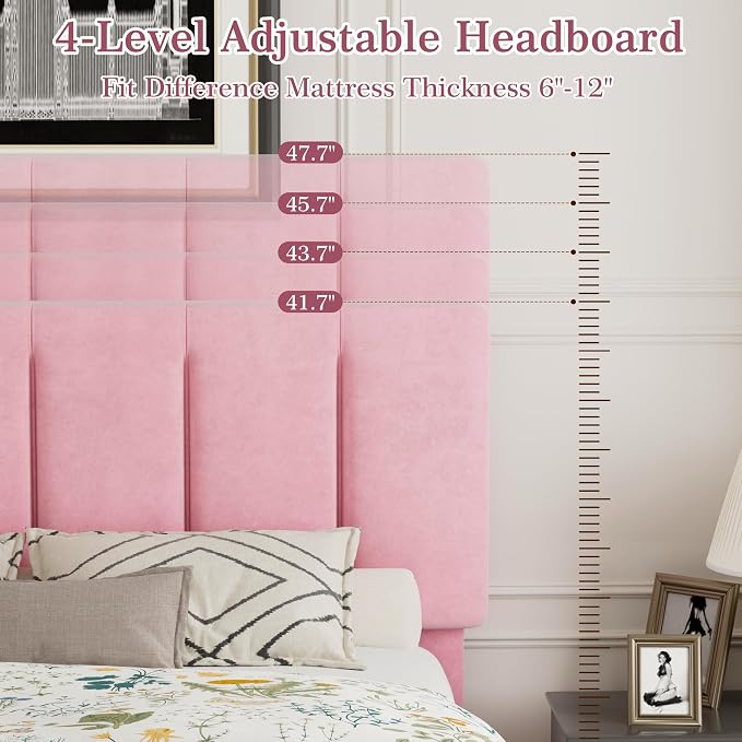 VECELO Full Size Bed Frame with Upholstered Headboard, Heavy-Duty Platform Bedframe with Strong Wooden Slats Support, No Boxing Spring Needed, Velvet & Pink