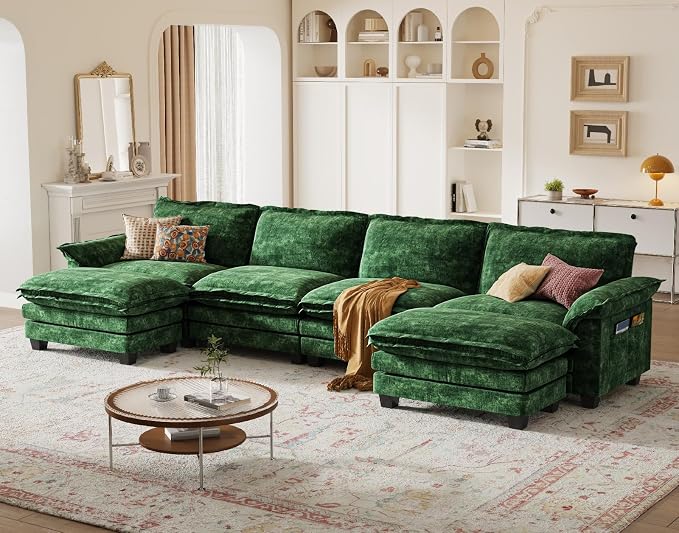 KKL U-Shaped Sectional Couch, 6-Seat Cloud Couch Modular Sectional with Ottoman 155″, Chenille Sectional Couch for Living Room, Apartment, Green