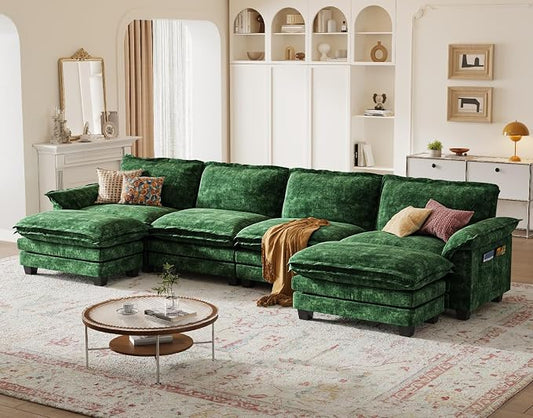 KKL U-Shaped Sectional Couch, 6-Seat Cloud Couch Modular Sectional with Ottoman 155″, Chenille Sectional Couch for Living Room, Apartment, Green