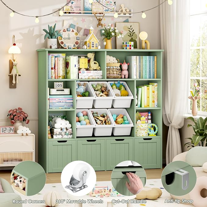 FINETONES Toy Storage Organizer with 6 Toy Bins, Large Toy Organizers and Storage with 4 Movable Drawers and 6 Storage Cubbies, Kids Toy Storage and Toy Chest for Playroom and Kids Room, Green | Toy Storage Organizer and Kids Bookshlef with Toy Bins