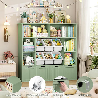 FINETONES Toy Storage Organizer with 6 Toy Bins, Large Toy Organizers and Storage with 4 Movable Drawers and 6 Storage Cubbies, Kids Toy Storage and Toy Chest for Playroom and Kids Room, Green | Toy Storage Organizer and Kids Bookshlef with Toy Bins