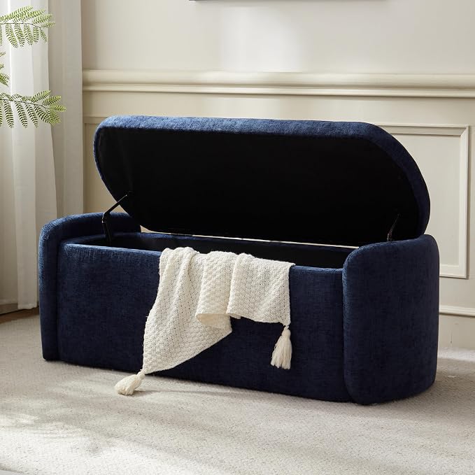 VKNOW 46" Oval Storage Ottoman Bench, Upholstered End of Bed Bench Ottomans Bench Foot Rest, Sherpa Storage Bench for Bedroom, Living Room and Hallway, Navy