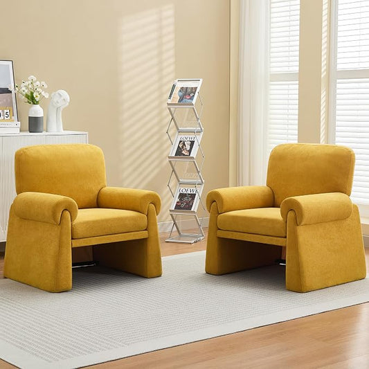 Accent Chairs Set of 2, Modern Living Room Chairs, Comfy Single Sofa Chair with Thick Cushion and Armrests, Upholstered Reading Club Chair, Arm Chair for Living Room Bedroom, Yellow