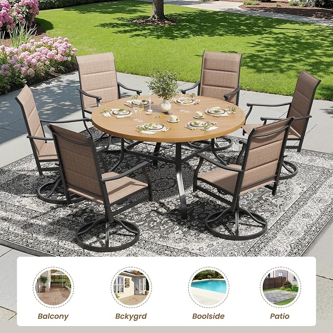 Soohow Outdoor Dining Set for 6, 7-Piece Patio Table and Chairs Set, 6 x Swivel Patio Dining Chairs and 47" Wood-Like Round Outdoor Table with 1.57" Umbrella Hole for Backyard, Poolside