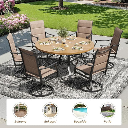 Soohow Outdoor Dining Set for 6, 7-Piece Patio Table and Chairs Set, 6 x Swivel Patio Dining Chairs and 47" Wood-Like Round Outdoor Table with 1.57" Umbrella Hole for Backyard, Poolside