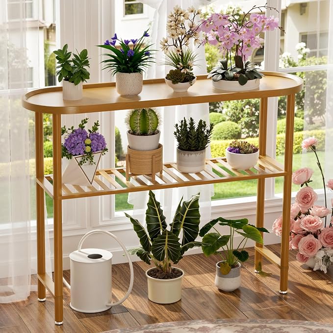 Bamboo Foyer Table for Entryway 39.4", Farmhouse Entryway Table for Hallway Oval Top, Sofa Console Table with Anti-fall Edge, TV Stand for Living Room, Indoor Plant Stand, 5min Easy Assembly, Walnut