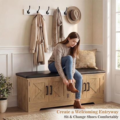 Farmhouse Shoe Storage Bench with Cushion - 43.3" Entryway Bench with Storage & 4 Barn Doors, 2-Tier Wooden Shoe Rack Bench, Shoe Cabinet & Mudroom Bench for Bedroom Hallway Living Room, Brown Oak