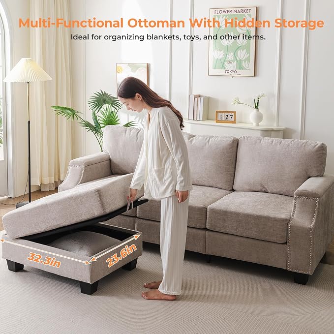 Rexulqo 85'' L Shaped Couch with Armrest Organizer,3 Seats Sofas with Storage Ottoman,Comfy Sectional Sofa with Thick Cushion,Chenille Sectional Couches for Living Room,Bedroom,Apartment,Khaki