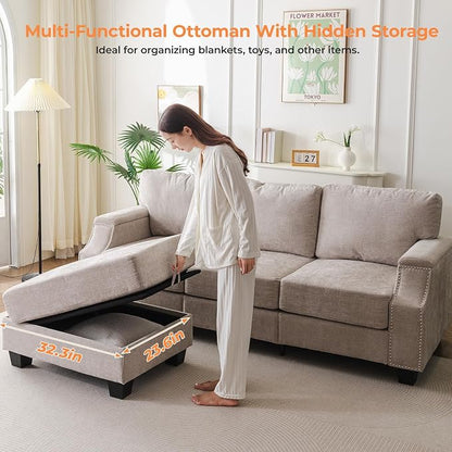 Rexulqo 85'' L Shaped Couch with Armrest Organizer,3 Seats Sofas with Storage Ottoman,Comfy Sectional Sofa with Thick Cushion,Chenille Sectional Couches for Living Room,Bedroom,Apartment,Khaki