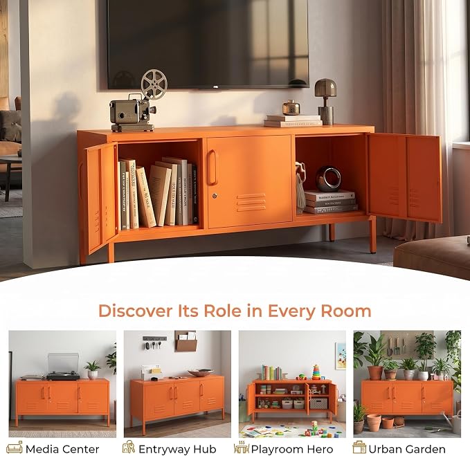 3 Door TV Standwith Storage Locke Metal TV Cabinet with 2-Tier Multi-Purpose Lockable Wide Storage Cabinet, Media Console Table with Metal Legs for Living Room, Bedroom,Office,Orange