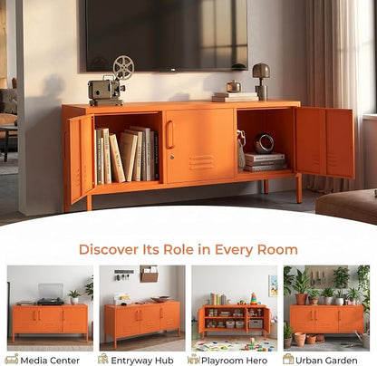 3 Door TV Standwith Storage Locke Metal TV Cabinet with 2-Tier Multi-Purpose Lockable Wide Storage Cabinet, Media Console Table with Metal Legs for Living Room, Bedroom,Office,Orange