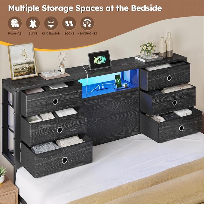 Homkdom Full Size Bed Frame with 8 Fabric Drawers Storage, LED Lights & Charging Station, Metal Platform Bed Frame with Headboard Storage Providing Noise-Free and Easy Assembly,Black