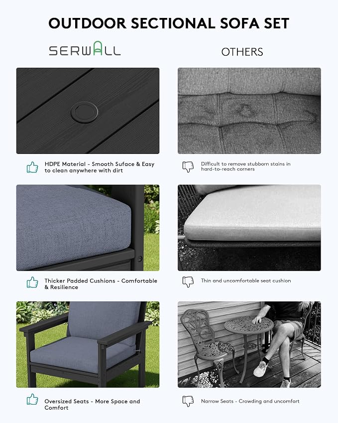 SERWALL HDPE Patio Conversation Set, 6-piece Sectional Outdoor Furniture Set, All Weather Outdoor Couch Set Patio Furniture Set for Deck, Lawn, Black Frame with Grey Cushion