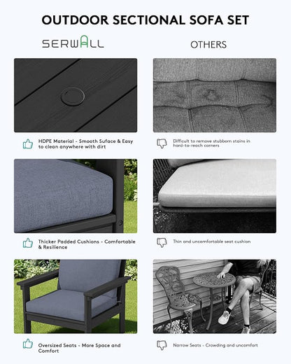 SERWALL HDPE Patio Conversation Set, 6-piece Sectional Outdoor Furniture Set, All Weather Outdoor Couch Set Patio Furniture Set for Deck, Lawn, Black Frame with Grey Cushion
