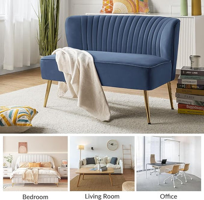 TINA'S HOME Mid-Century Velvet Loveseat Sofa, Upholstered Loveseat Couch with Golden Metal Legs, Small Tufted 2-Seat Sofa Armless Love Seat for Living Room Bedroom, Slate Blue