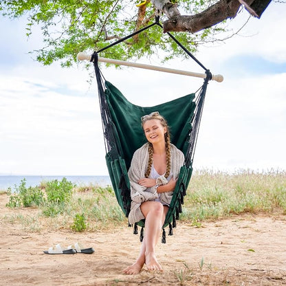 SUNCREAT Hammock Chair Hanging Rope Swing Seat-Max 450lbs Capacity, Extra Large Hanging Swing with Metal Support Bar, Side Pocket, Tassel, Green