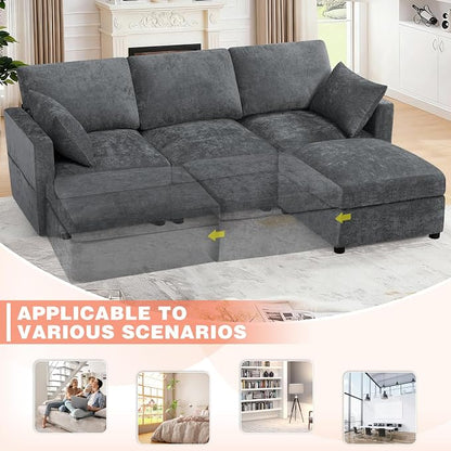 84” Chenille 3-Seats Sofa W/Movable Ottoman, Grey | Modern Fabric L-Shaped Couch w/Soft Backrests, Upholstered Sectional Sofa w/Arm Pillows for Living Room