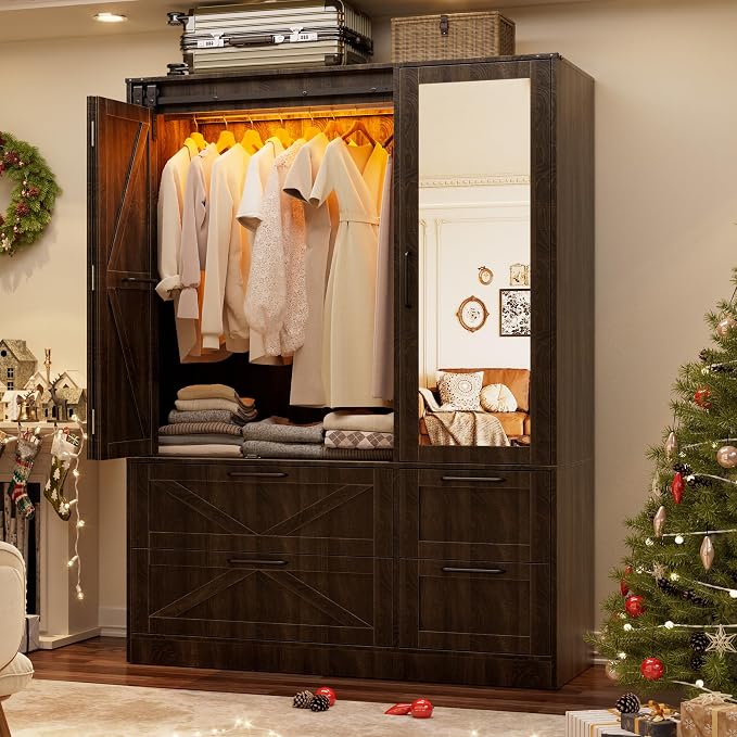 PAKASEPT Armoire Wardrobe Closet with w/Folding Sliding Barn Door | Bedroom Armoires with Mirror and LED Lights, Hanging Rod, Clothing Storage Cabinet for Bedroom (3 Doors)