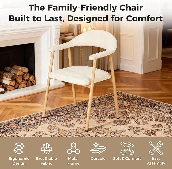 DUMOS Dining Chairs Set of 2, Linen Fabric Upholstered Kitchen Side Chairs with Curved Backrest & Metal Legs, Modern Farmhouse Accent Chair for Dining Room Kitchen Living Room Cafe, Beige