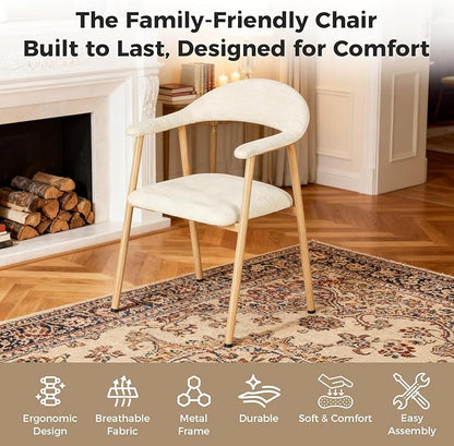 DUMOS Dining Chairs Set of 2, Linen Fabric Upholstered Kitchen Side Chairs with Curved Backrest & Metal Legs, Modern Farmhouse Accent Chair for Dining Room Kitchen Living Room Cafe, Beige
