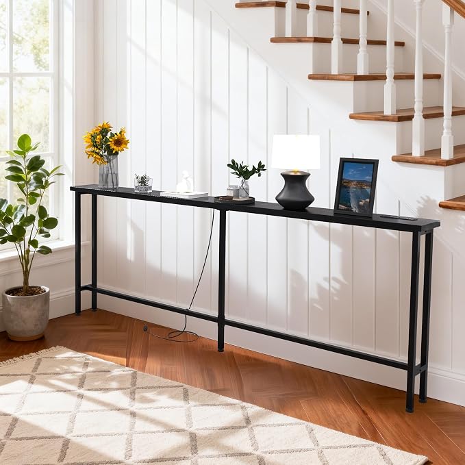 GRLEAF 78" Sofa Table with Built-in Power Strip (2 AC Outlets & 2 USB Ports) – 4.9ft Power Cord, Metal Frame, Easy Assembly, Long Couch Table Behind Sofa, Hallway, Living Room and Home Office | Black