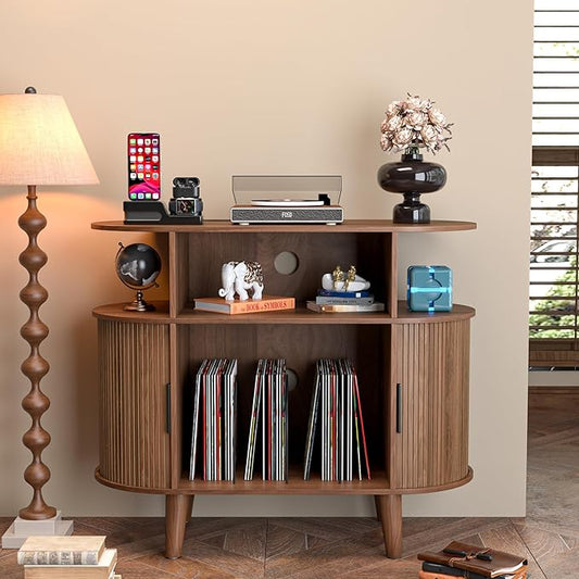LUVIOHOME Large Round Record Player Stand with Charging Station & USB Ports，Record Storage Cabinet, Mid Century Modern Turntable Stand for Bedroom Living Room (Small Brown)