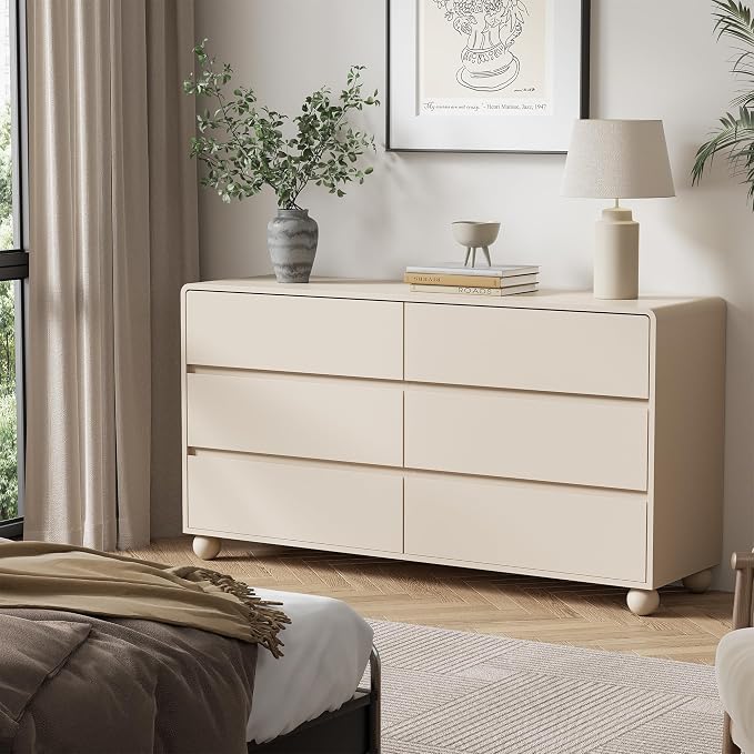 Furniway 3 Piece Bedroom Set, 6 Drawer Dresser and 2 Drawer Nightstand Set of 2 with Round Legs, Modern Wood Chest of Drawers Storage Cabinet for Bedroom, Beige
