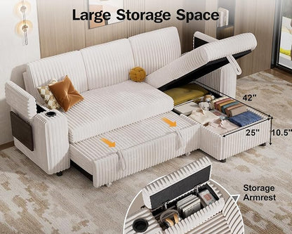 Vipbear 86" Modular Sectional Sleeper Sofa with Pull Out Bed, 3 Seat Plush Corduroy L Shaped Couch with Storage Chaise|USB Ports|Cup Holders|Side Table|Storage Armrests, Tool Free Assembly, Beige