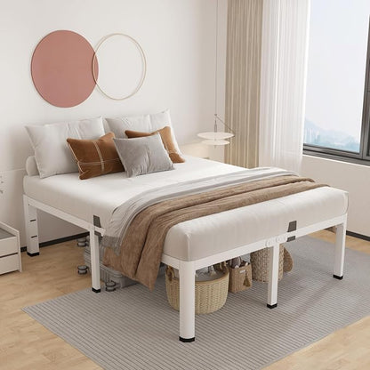 ROIL 18 Inch White Queen Bed Frame with Rounded Corner and Headboard Hole Mattress Retainers 3500LBS Heavy Duty Steel Slats No Box Spring Needed Platform Noise-Free Easy Assembly