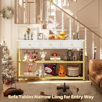 Ecoprsio 47'' Entryway Table with Outlets and USB Ports, Console Table with 3 Drawers, Sofa Table Narrow Long with Storage Shelves for Living Room, Couch, Hallway, Foyer, White and Golden