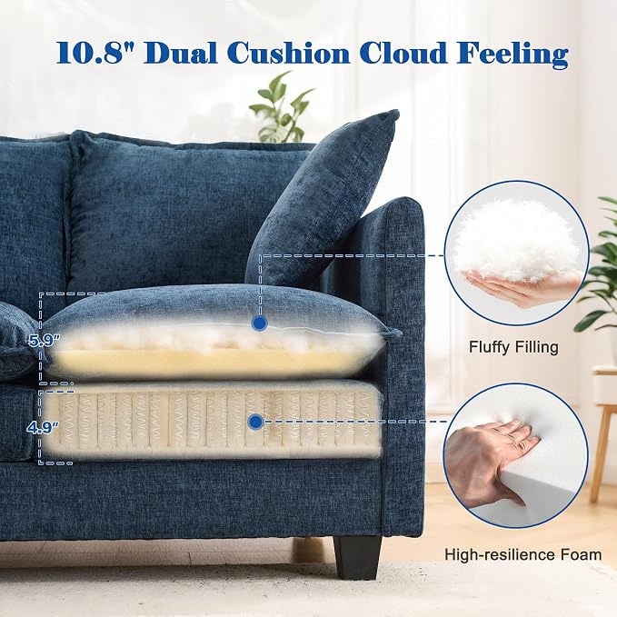 50'' Loveseat Sofa Cloud Sofa Couch, Modern Loveseats 2 Seat Couch 27" Deep Seat with 2 Pillows for Small Spaces Apartment Studio Office Bedroom Living Room, Blue