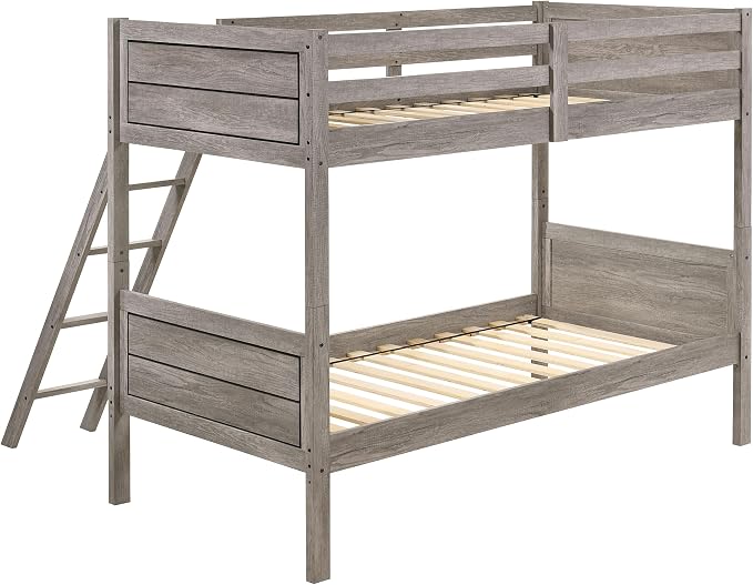 Coaster Home Furnishings Ryder Farmhouse Wood Twin Over Twin Size Bunk Bed Frame with Ladder and Guardrails Fully Slatted Mattress Ready Foundation Weathered Taupe 400818 | Wood Construction