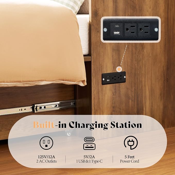 AMERLIFE Full Murphy Bed Cabinet with 6" Tri-Fold Memory Foam Mattress, Storage Drawer & Charging Station, Space-Saving Guest Bed for Home Office, Barnwood