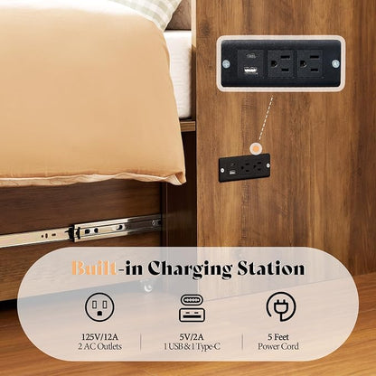 AMERLIFE Full Murphy Bed Cabinet with 6" Tri-Fold Memory Foam Mattress, Storage Drawer & Charging Station, Space-Saving Guest Bed for Home Office, Barnwood