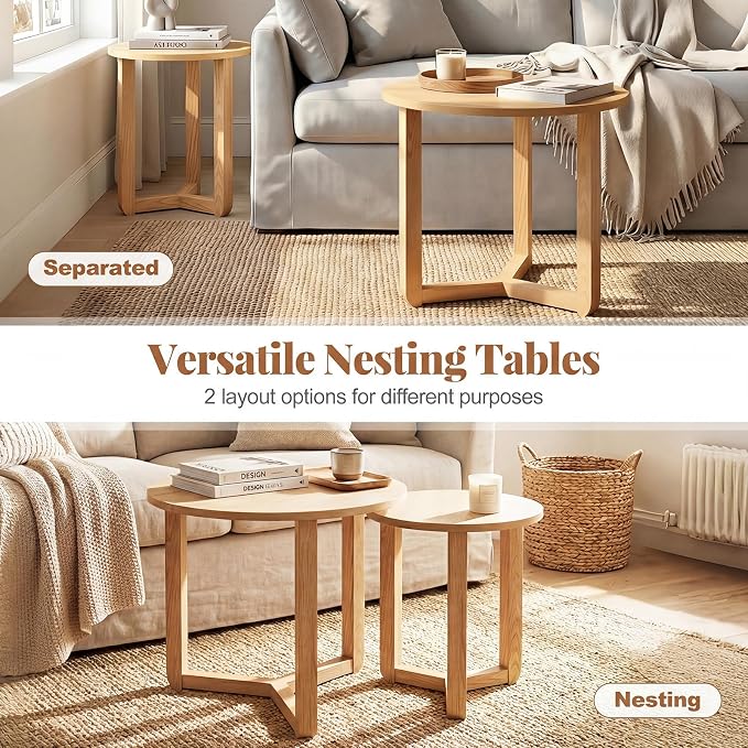 Giantex Round Nesting Coffee Table Set of 2, Wood Nesting End Tables with Thickened Top & Solid Rubber Wood Legs, Farmhouse Sofa Side Table for Small Spaces Living Room Bedroom (Natural)