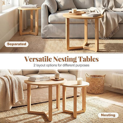 Giantex Round Nesting Coffee Table Set of 2, Wood Nesting End Tables with Thickened Top & Solid Rubber Wood Legs, Farmhouse Sofa Side Table for Small Spaces Living Room Bedroom (Natural)