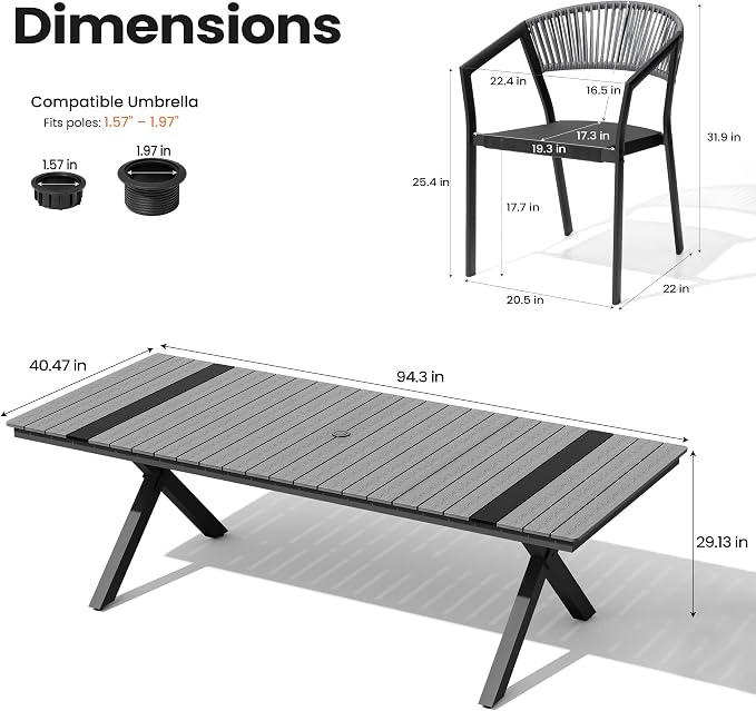 Pellebant Aluminum 11-Piece Outdoor Dining Table Set for 8-10 Person | Patio Stackable Chair with U-Shaped Wicker Backrest, 94" Table with Wood-Grain Top & Umbrella Hole, Aluminum Frame Furniture